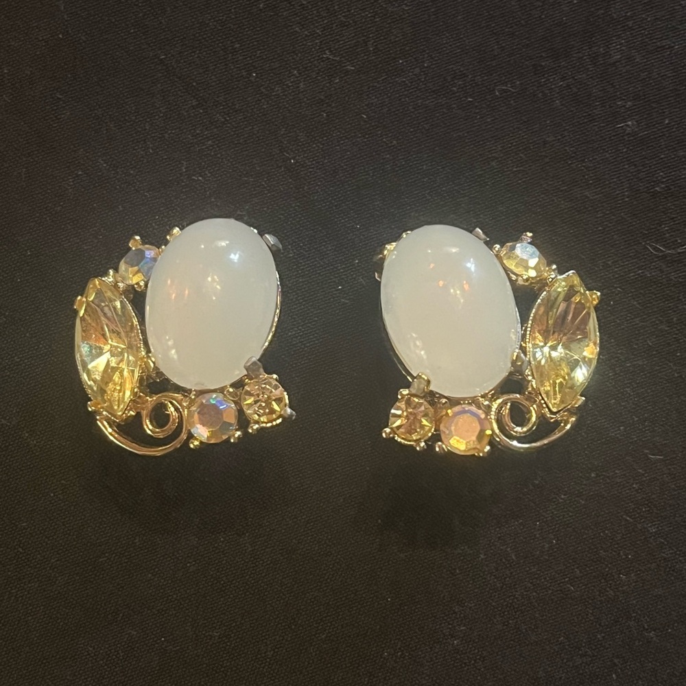Vintage Earrings with Moonstone Like Stone and Yellow and AB Stones